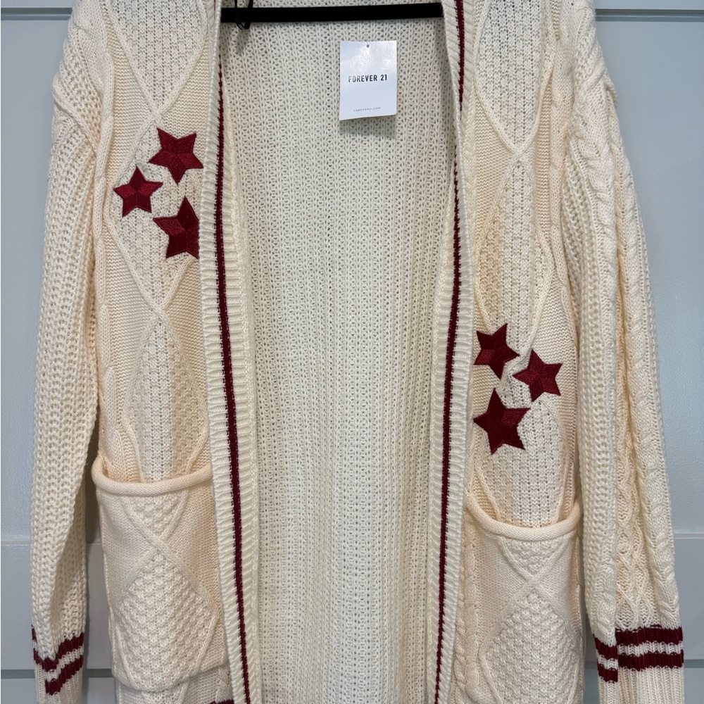 Forever 21 Cream Cardigan with Red Star Accents